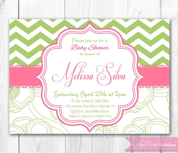 Shabby Chic Baby Shower Invitation - Green & Pink Chevron Invitation. DIY Printable Baby Shower or Bridal Shower or Bridal Shower Invite. Il_570xn
