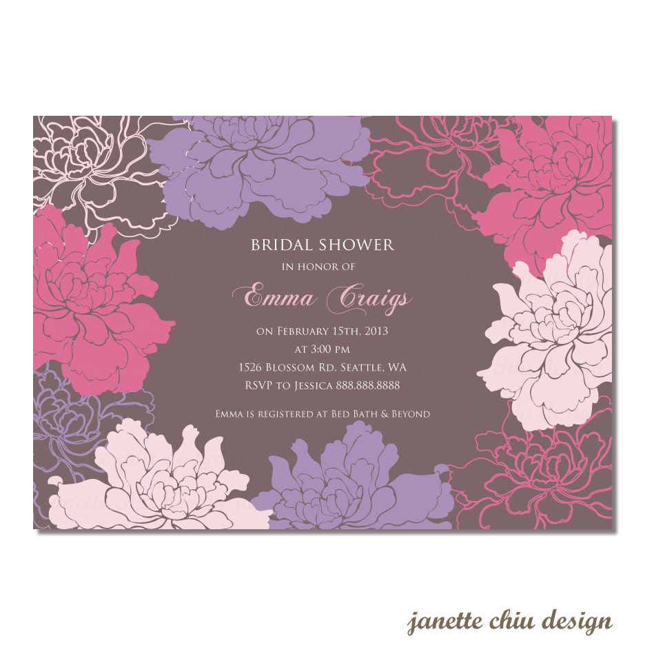 Peony Blossom Bridal / Baby Shower / Birthday Invitation Digital Printable or Printed, ANY color ANY wording