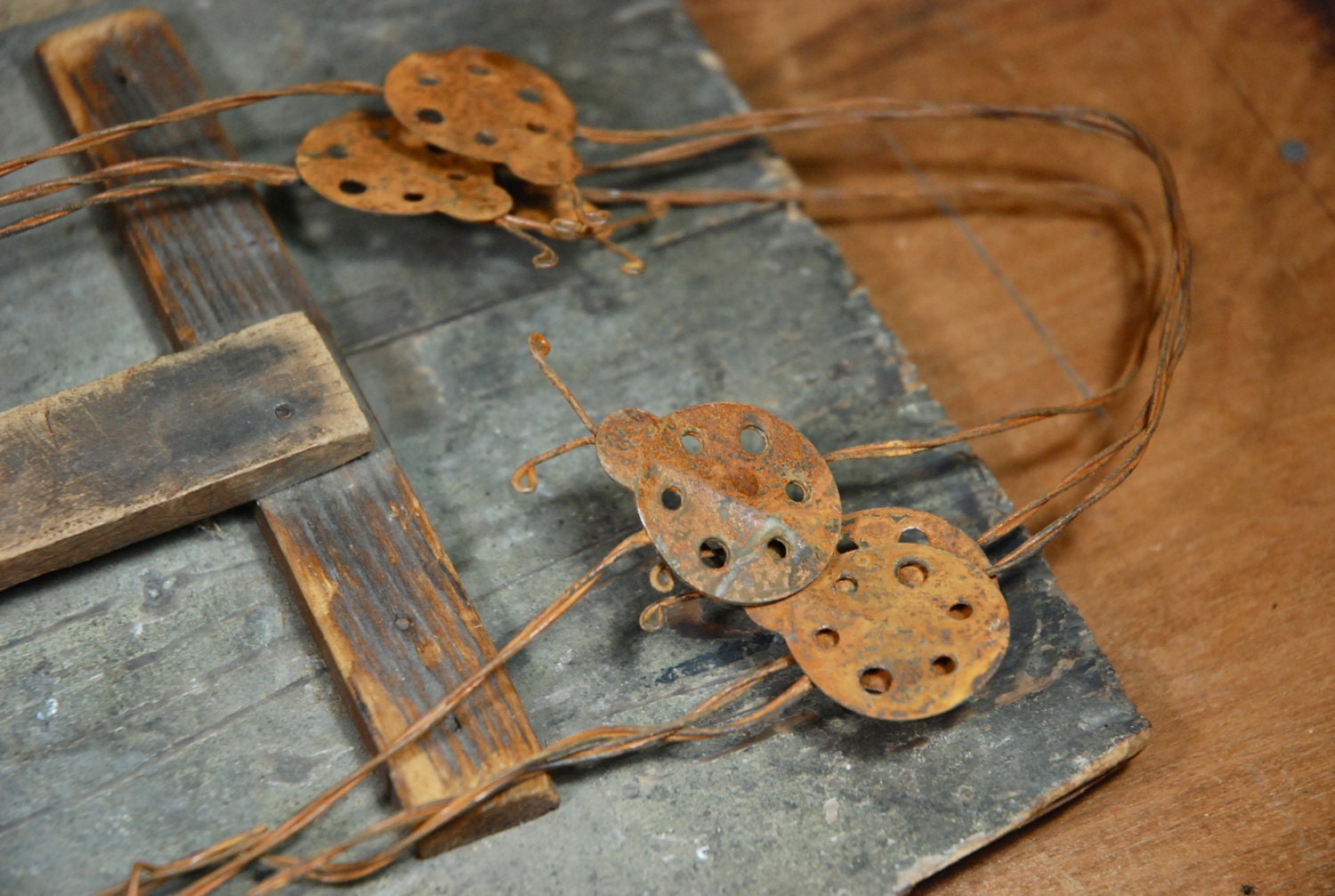 Rusty Tin Ladybug Garland / 5 Feet of Rusty Wire with Bug Cutouts