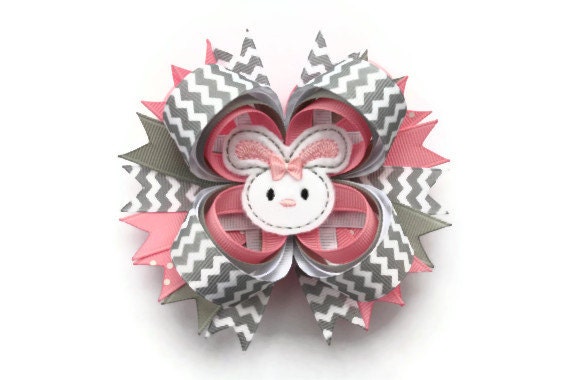Easter Hair Bow 4 inch chevron hair bow in pink, grey and white bunny