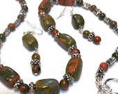 Handmade semiprecious Unakite necklace and earrings embellished with silver plated findings