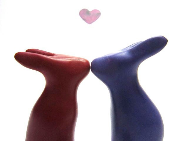 Love Bunnies plum burgundy rabbit sculpture OOAK hand made polymer clay Wedding cake decoration