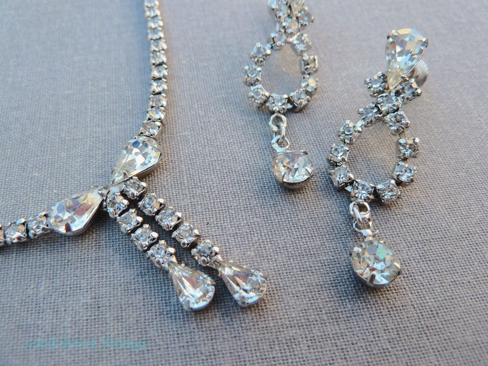 Bridal Necklace and Earrings Set Vintage Rhinestone Jewelry 1950s Wedding Jewelry