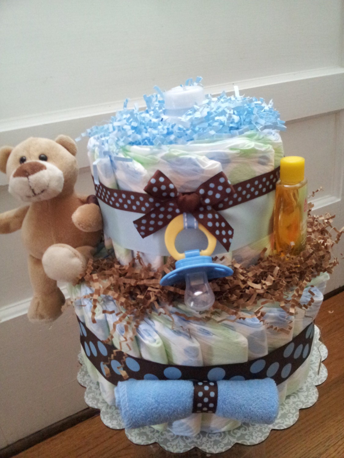Bear 2 Tier diaper cake blue and brown, baby shower decoration/centerpiece