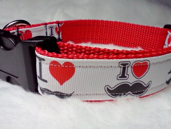 I Heat Mustache Dog Collar: Adjustable I Heart Mustaches Collar 1 Inch wide collar