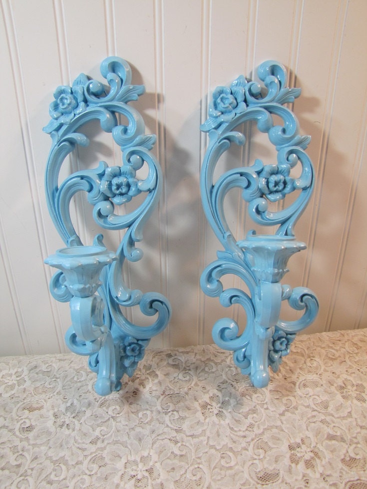 Vintage Homco Aqua Candle Sconces 1970s Shabby Chic Coastal Cottage Waterfront Bungalow