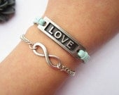 Infinity Bracelet,Karma bracelet---antique silver little karma bracelet---love letters&green wax rope chain