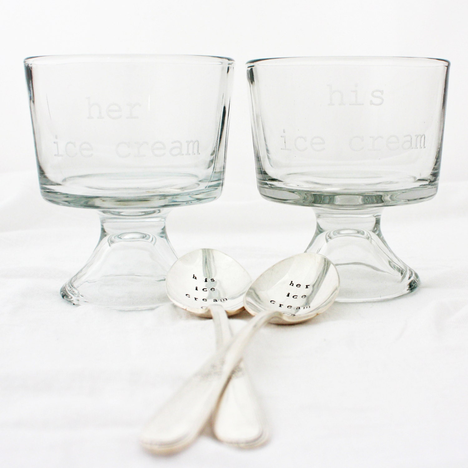 His and Her Ice Cream Set. Etched glass bowls and hand stamped spoons make a beautiful engagement gift.