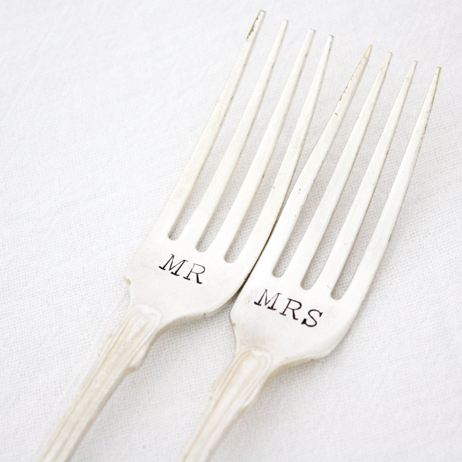 Mr and Mrs wedding forks, wedding table setting. Unique wedding or engagement gift. As featured by Martha Stewart Weddings.