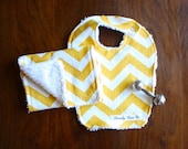 ON SALE Mustard Yellow Chevron Baby Bib and Burp Cloth Set // Baby Gift