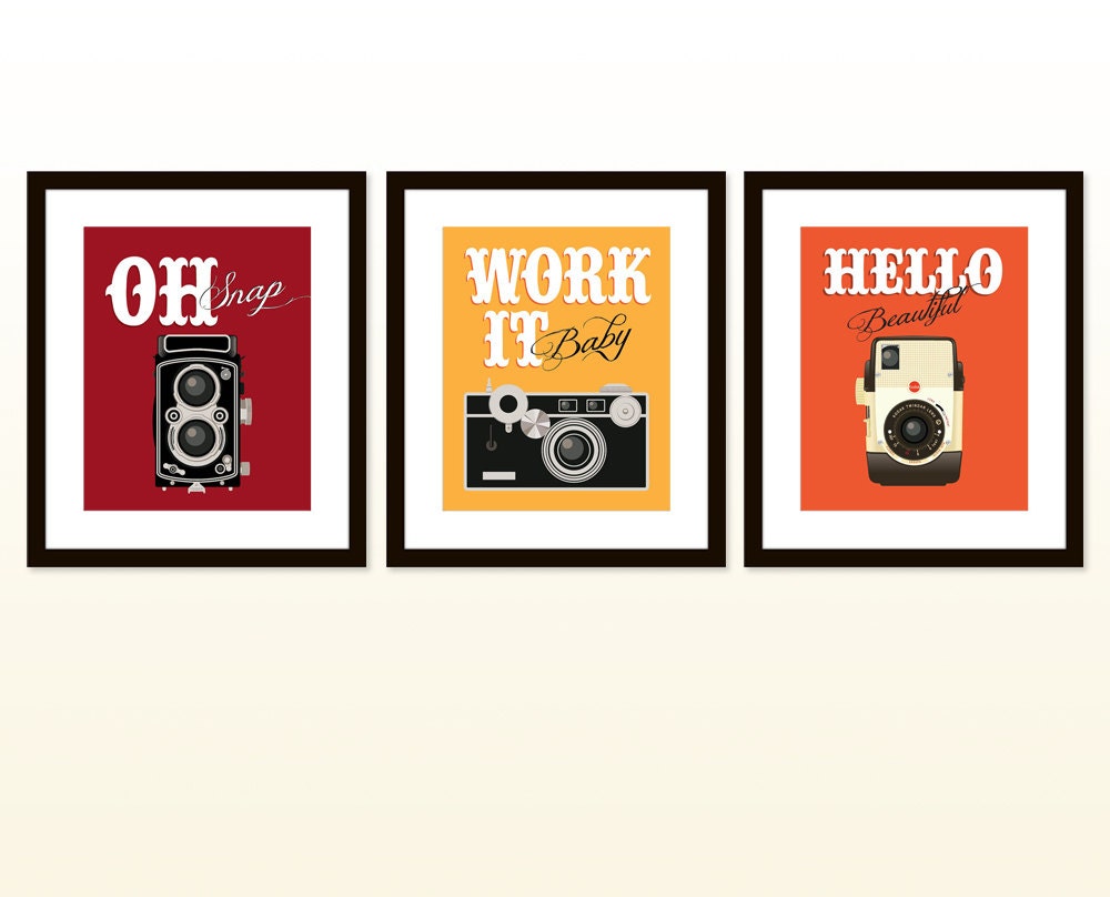 Retro art vintage camera prints - typographic art poster 8x10 - funny quote art - Red Yellow Orange - Set of three