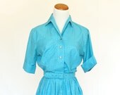 50's Vintage Dress, Blue Shirt Dress