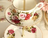 Rosy 3 tier cake stand / cupcake tower: English bone china tiered cakestand great for an anniversary, birthday or bridal shower