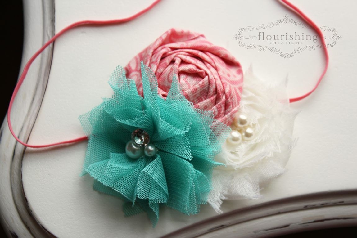 Coral, Turquoise and Ivory  headband, coral headbands, newborn headbands, summer headbands, vintage headbands, photography prop