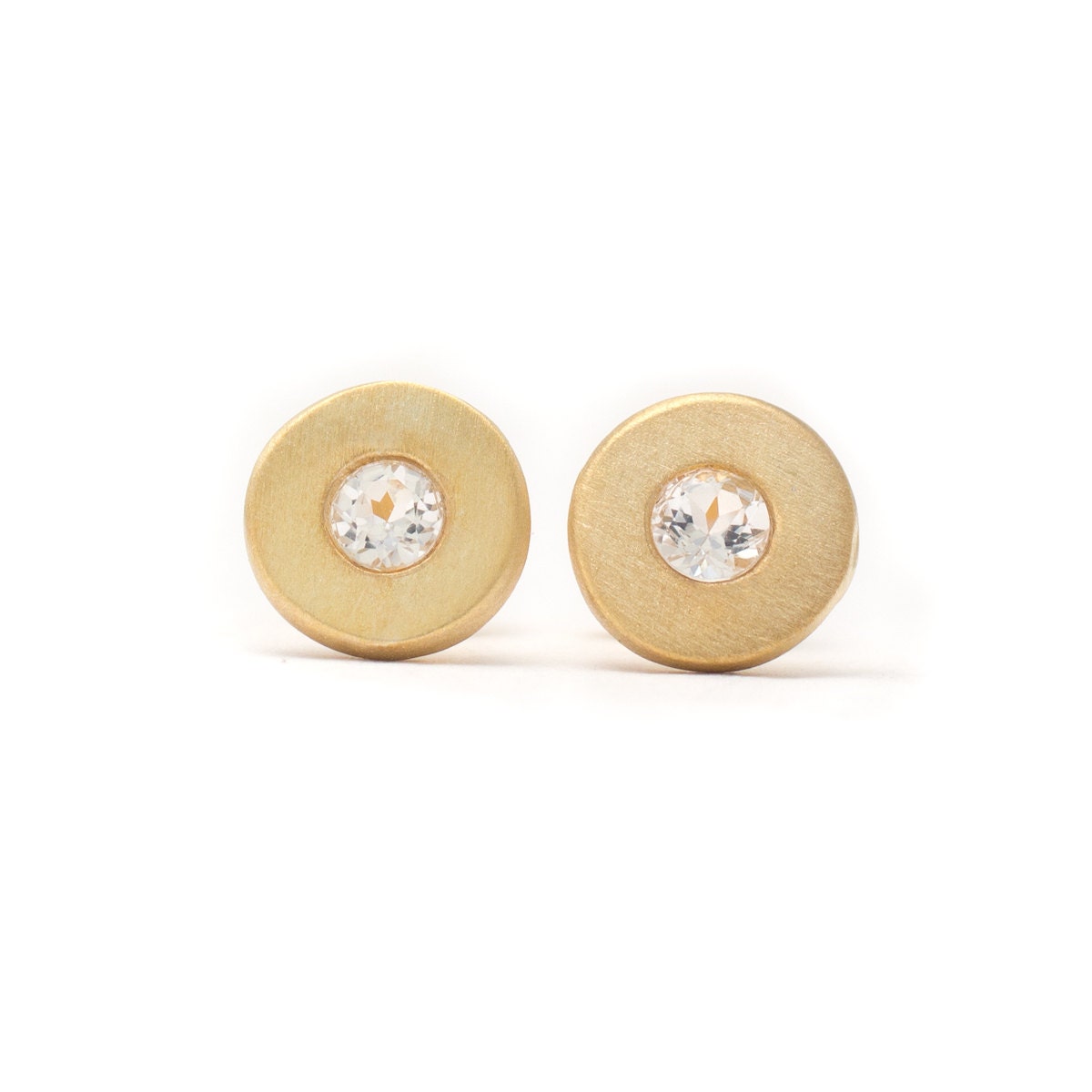 Floating White Topaz Stud Earrings - 18k Gold Vermeil - 7.5mm Round - Gold Disc - Small Studs - Natural Gemstones - kristinelily
