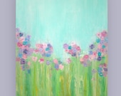 Large Floral Abstract Garden Painting in Pastels Titled: April Showers 2 30x36x1.5" by Ora Birenbaum