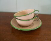 Two Vintage Metal Enamelware Tea or Coffee Cups and Saucers. Green and Cream