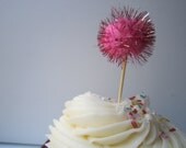 Pink Glitter Pom Pom Cupcake Toppers. 12 pieces set.