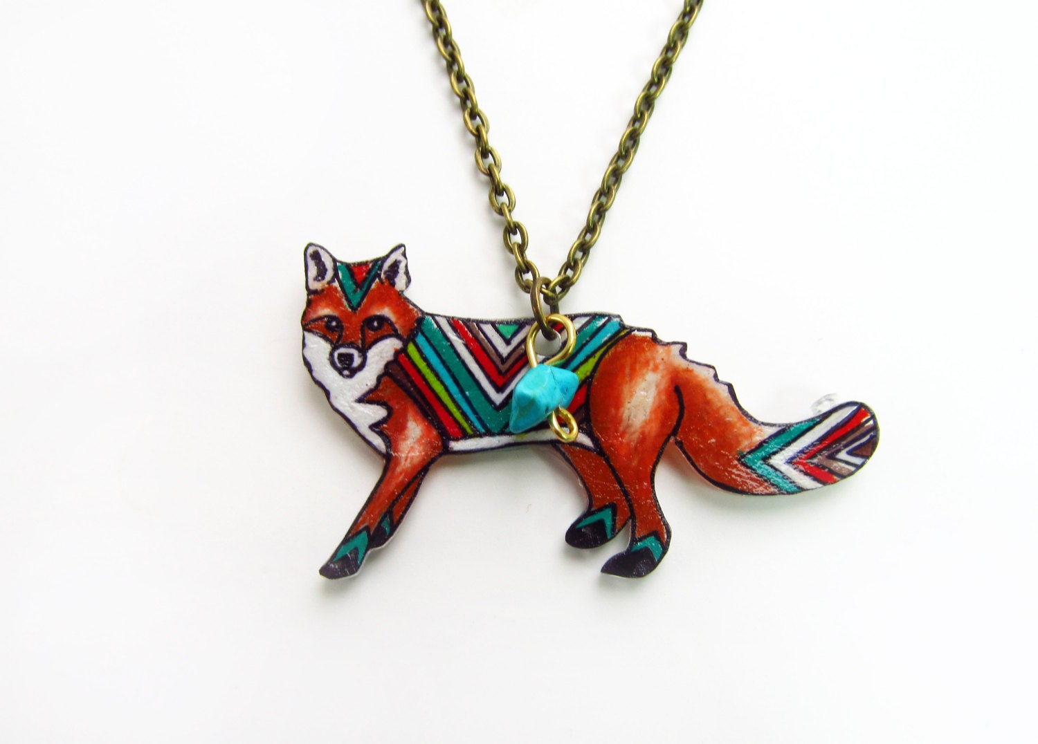 Fox Necklace / Chevron Necklace / Chevron Animal / Zig Zag  / Woodland / Red Fox / Rainbow / Shrink Plastic Jewelry