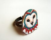 Owl Ring / Chevron Ring / Barn Owl / White / Rainbow Striped / Woodland Bird / Shrink Plastic / Wearable Art