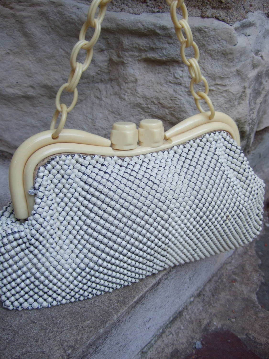 WHITING DAVIS 1950s White Chainmail Celluloid Handbag