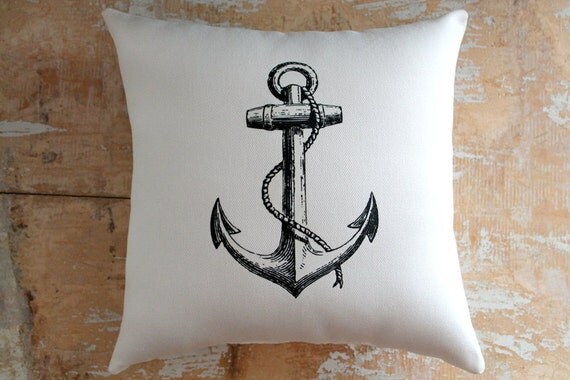 Nautical Pillow, Black Anchor, Ocean, Beach Decor, Cottage Decor, Home Decor, Decorative Pillow, Housewares