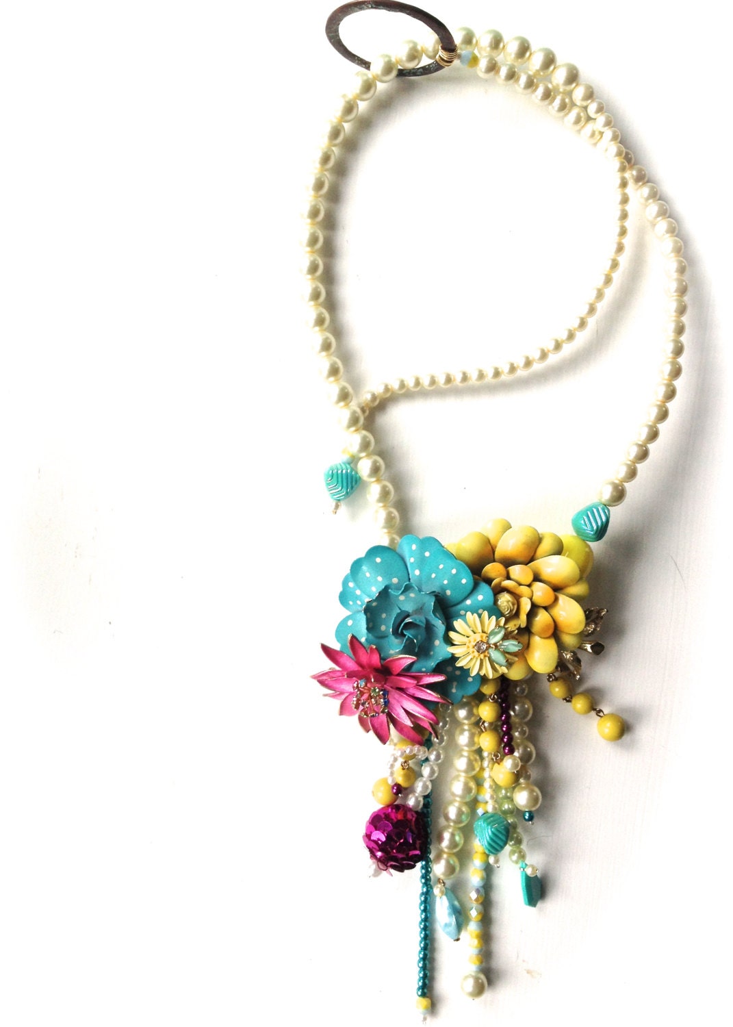 SPRING Flower Brooch Pearl Rhinestone Wedding Statement Necklace in Turquoise, Magenta, Yellow, Lime, Cream Jewelry by ZILLAS QUEEN