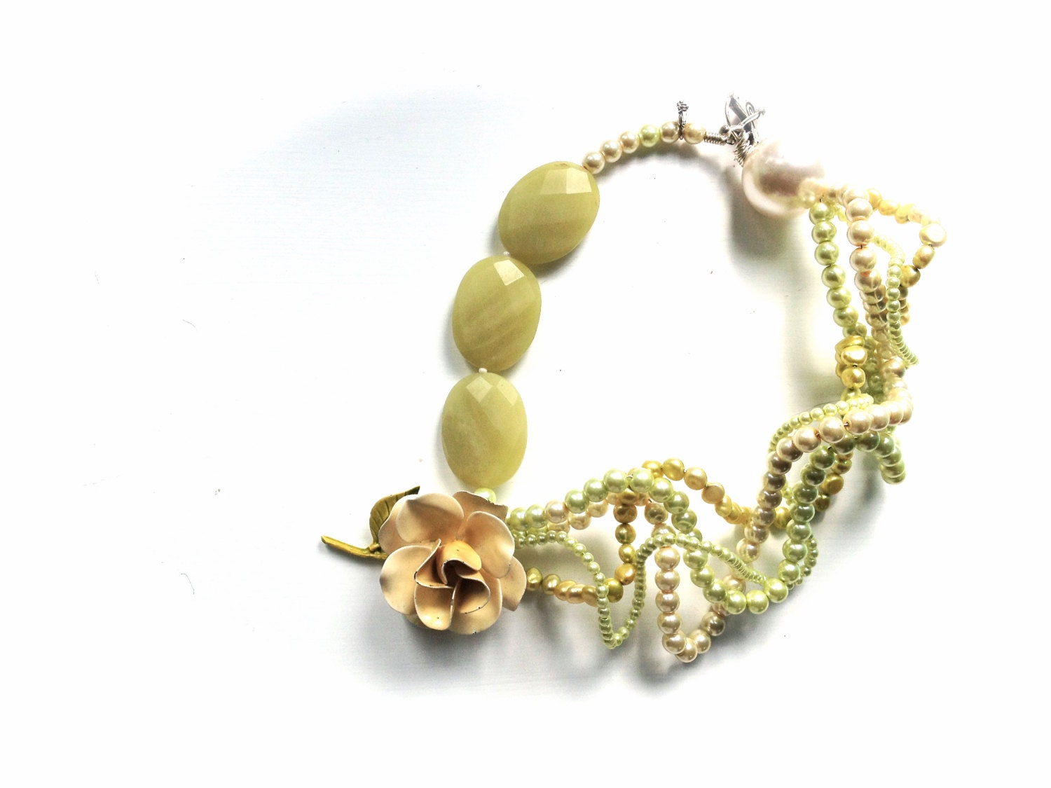 Flower Rose Brooch Wedding Pearl Necklace in Lime, Green, Butter & Cream featuring Statement Jewelry by ZILLAS QUEEN