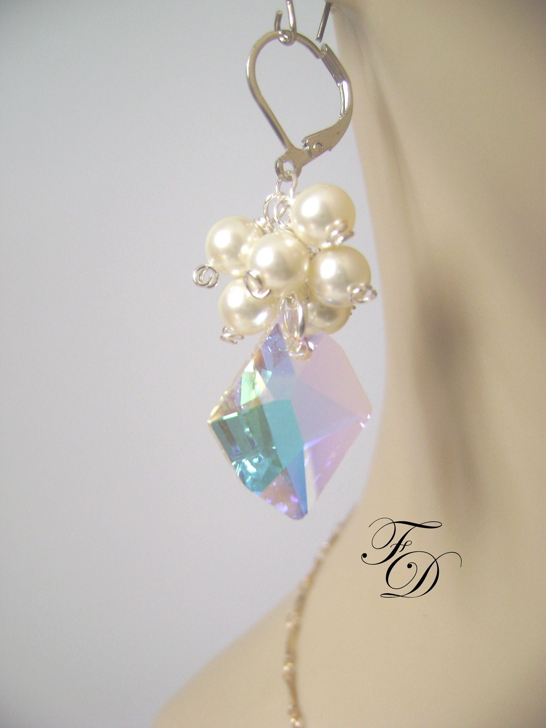 Swarovski Pearls Sterling silver earrings, Wire wrapped earrings,Wedding Bridal earrings,AB Swarovski Crystal earrings