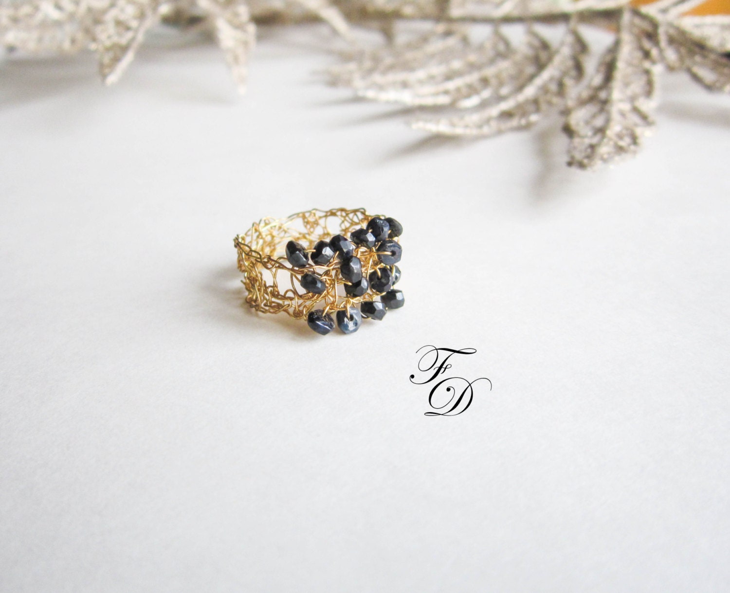 Genuine Sapphire Ring,Wire crochet 14k gold filled ring, OOAK Ring,custom ring-Any Size,September birthstone ring