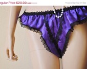 ON SALE Vintage Purple Satin and Black Lace Crotchless Panties - by Frederick's of Hollywood - One Size