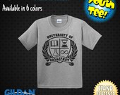 Youth Size University of Gallifrey Crest Screen Printed Tee. Printed With Eco Friendly Water-Based Ink.