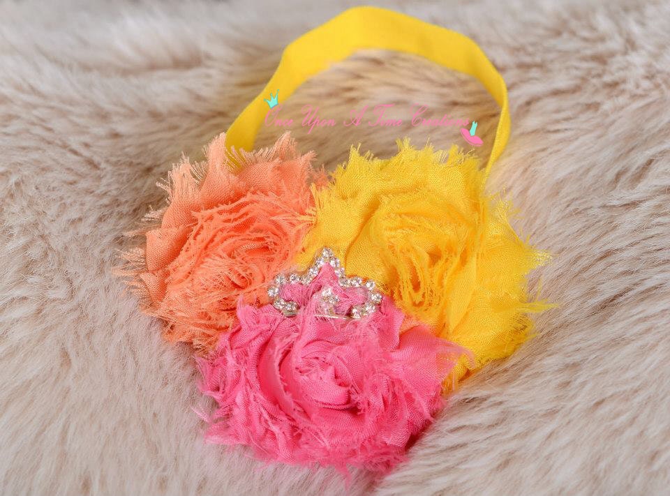 Summer Rainbow Princess Headband - Triple Shabby Flower Headband on Soft Elastic Headband - Newborn, Baby, Girls Photo Prop