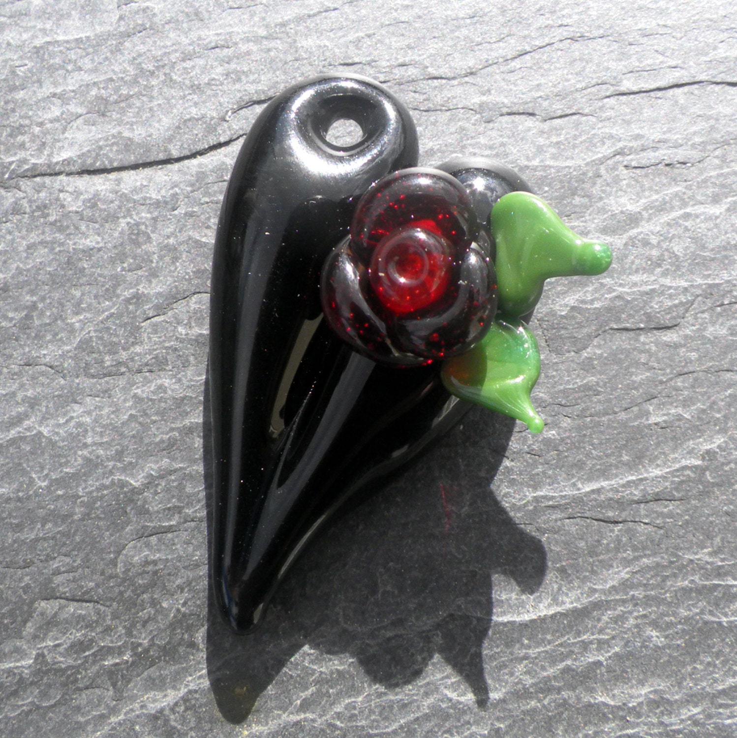 Rose Heart Pendant Glass Jewelry Necklace Lampwork Hand Blown Boro SRA Red Rose on a Black Heart