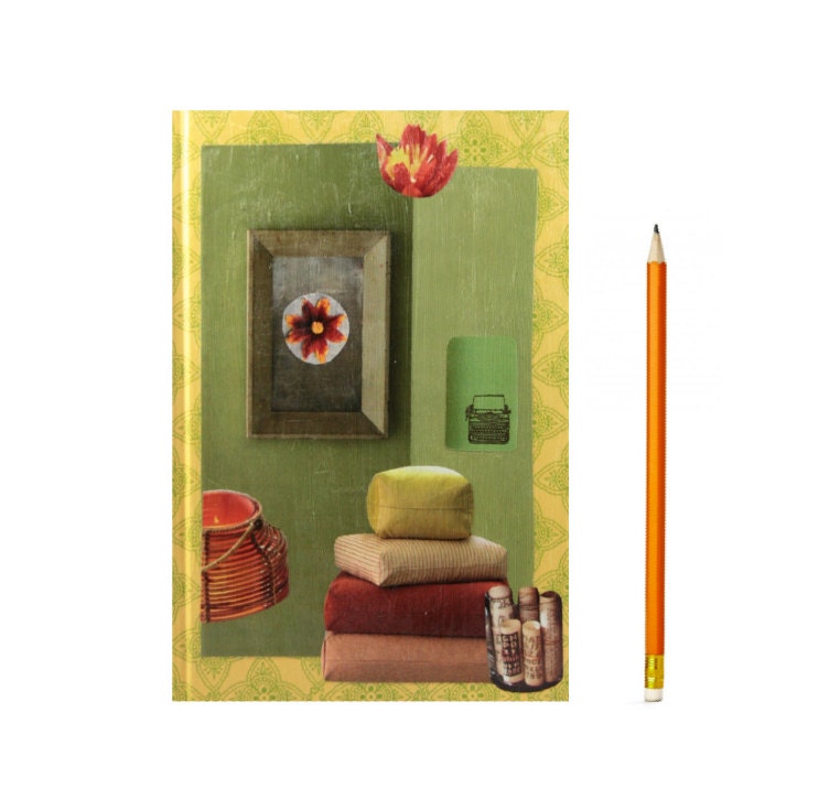 Journal Notebook Diary - Anthropologie Style with Burnt Yellow Green & Red - Lined Journal - 5 in by 7 in with 80 lined sheets.