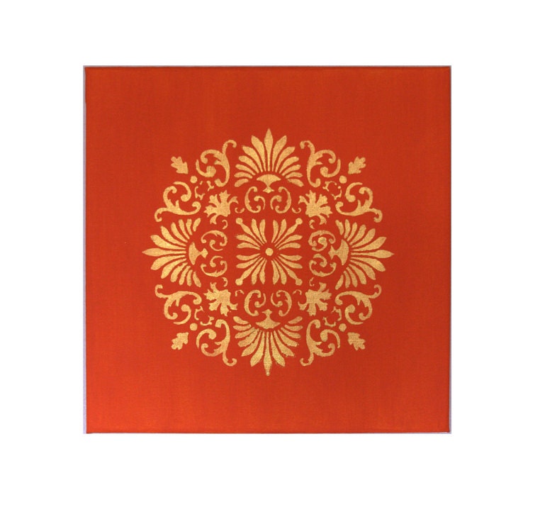 India inspired Painting with Orange and Intricate Gold design - 12 inch by 12 inch canvas Acrylic painting.