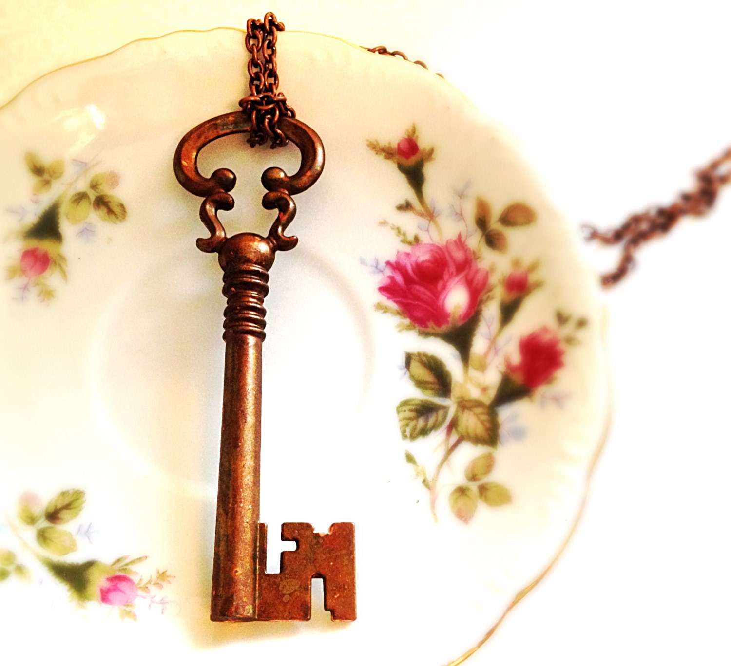 Copper Key Necklace. Large Vintage Style Key Necklace. Statement Jewelry. Copper Chain. Love. Romantic. Long Necklace. Huge Key.