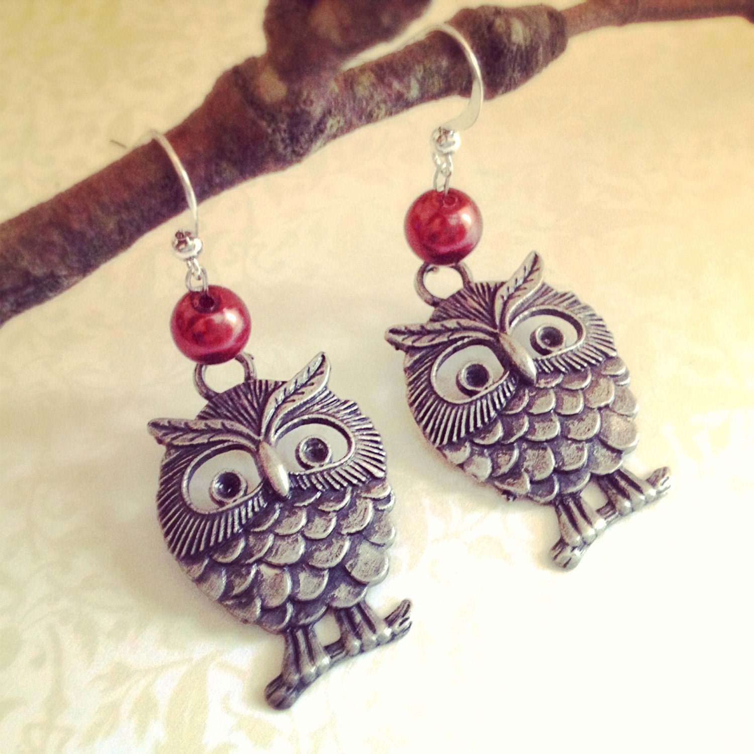 Owl Dangle Earrings. Antique Silver Tone. Brown Pearls. Dangle Earrings. Silver Tone Hooks. Woodland. Bird. Whimsical. 10 Dollars.