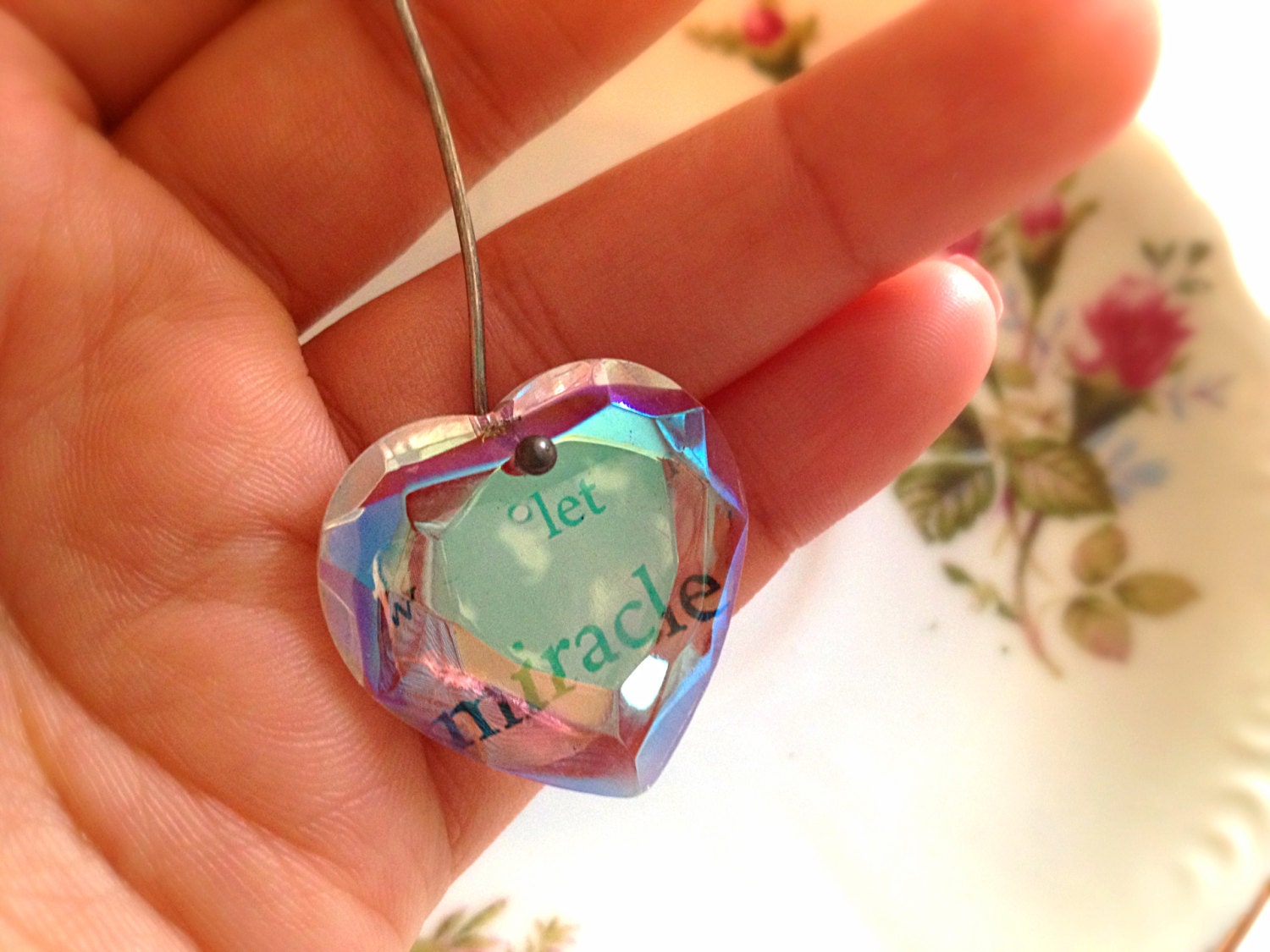 Iridescent Glass Heart Necklace. Miracle Message. Brushed Silver Long Chain. Gunmetal. Vintage Style. Romantic. Heart. Love. Long Necklace.