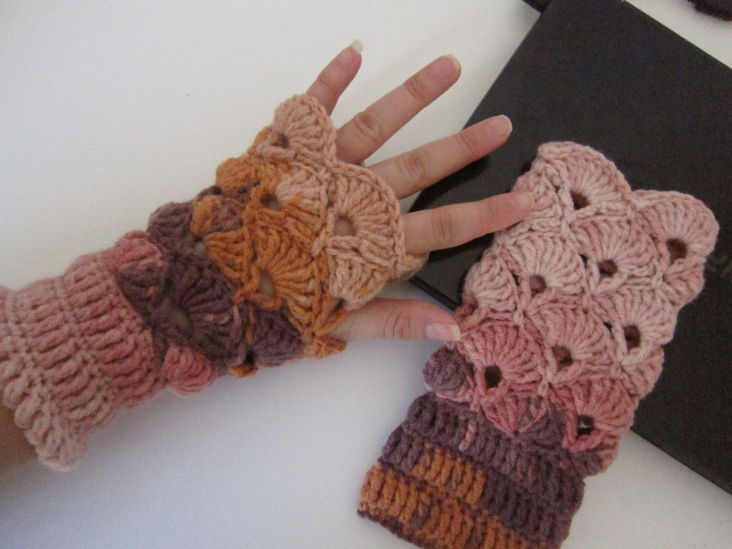 Multicolor Crochet Fingerless Mittens Wrist Warmers Earth Tones Fashion Ecru Brown Beige Orange Accessories Gift for Her by dodofit on Etsy