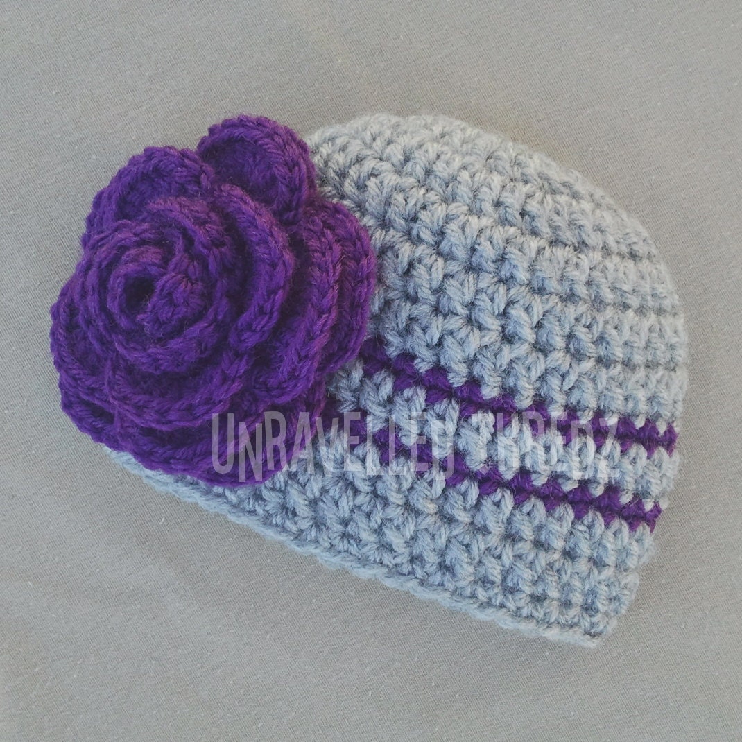 Crochet Baby Girl Hat with Flower, Newborn Photography Prop Hat, Purple and Gray