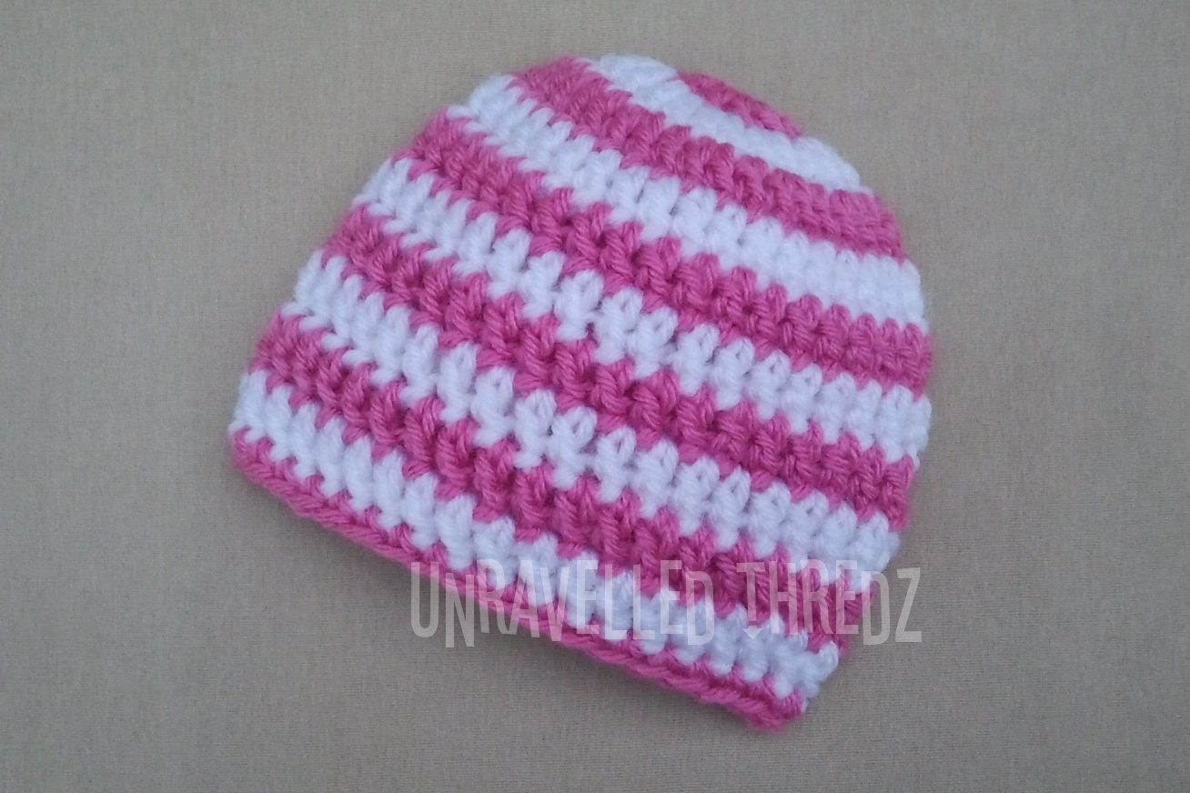 Crochet Newborn Hat- Baby Girl Beanie Pink and White
