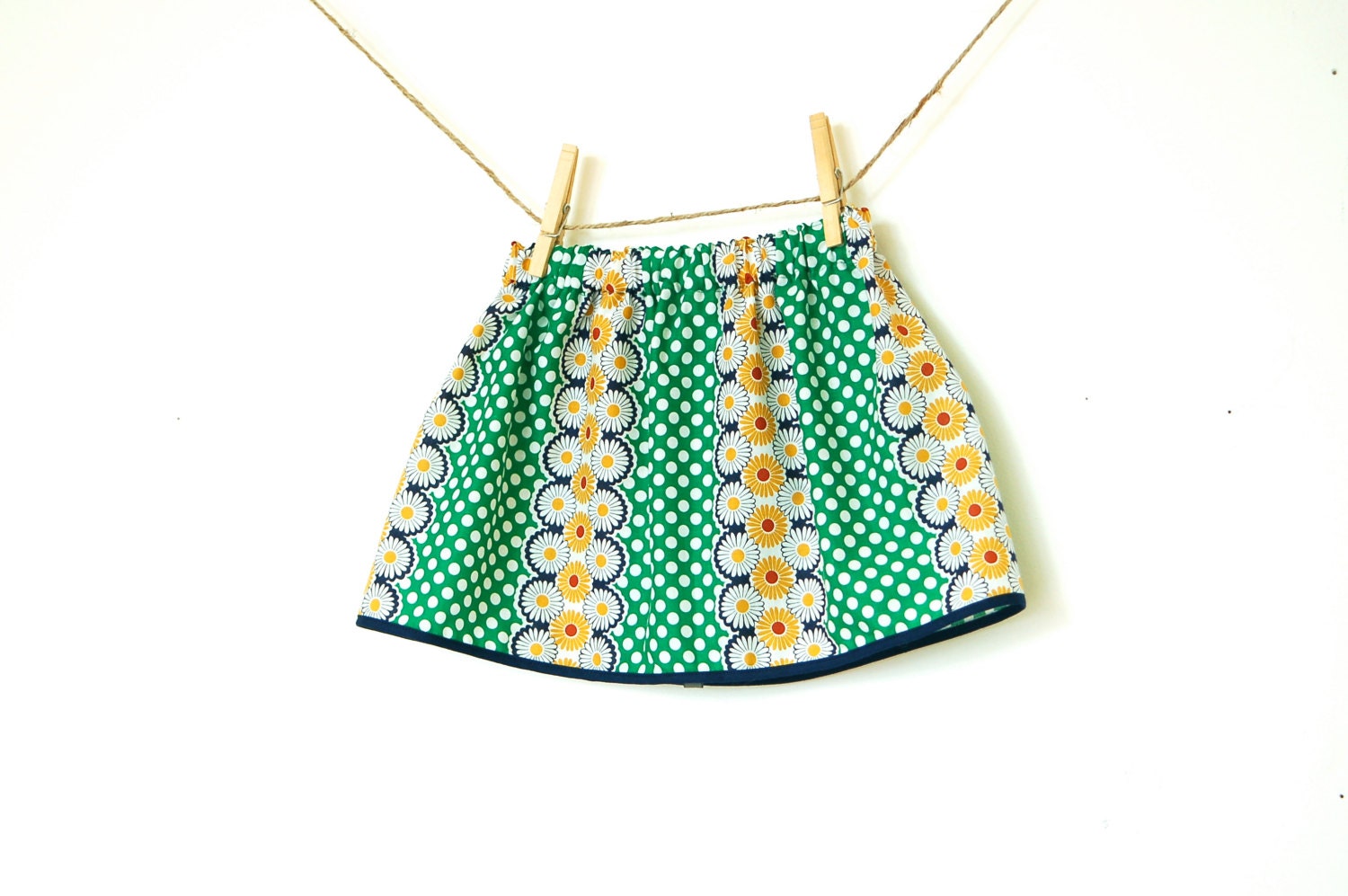 Girls Garden Party Skirt / Green and White Polka Dots with Yellow Daisies / Made to Order / 6 months to 10T