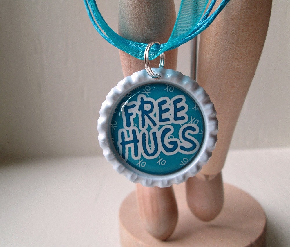 Free Hugs Blue Bottle Cap Necklace, Blue Organza Ribbon