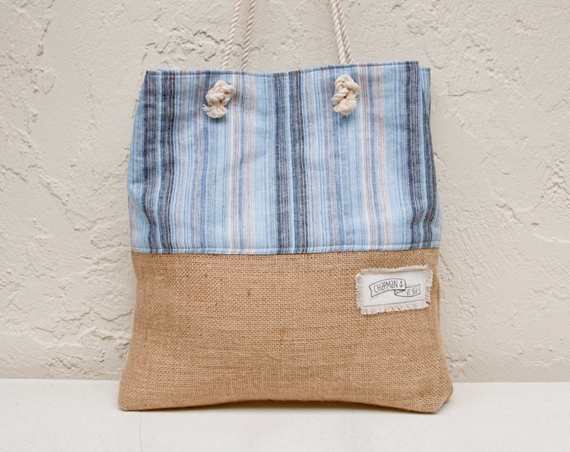 Blue Stripe Beach Bag Linen Burlap Tote