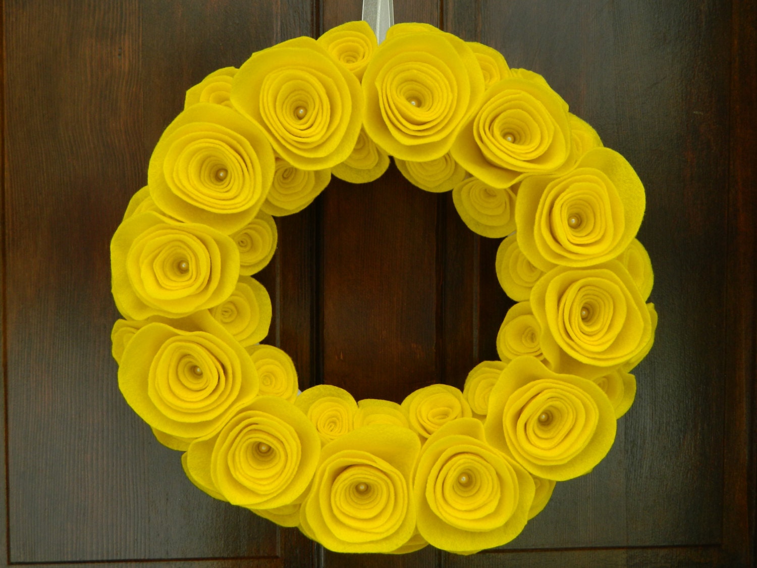 Summer Wreath - Yellow Wreath - Felt Flower Wreath in Yellow with Pearls - 14 inch