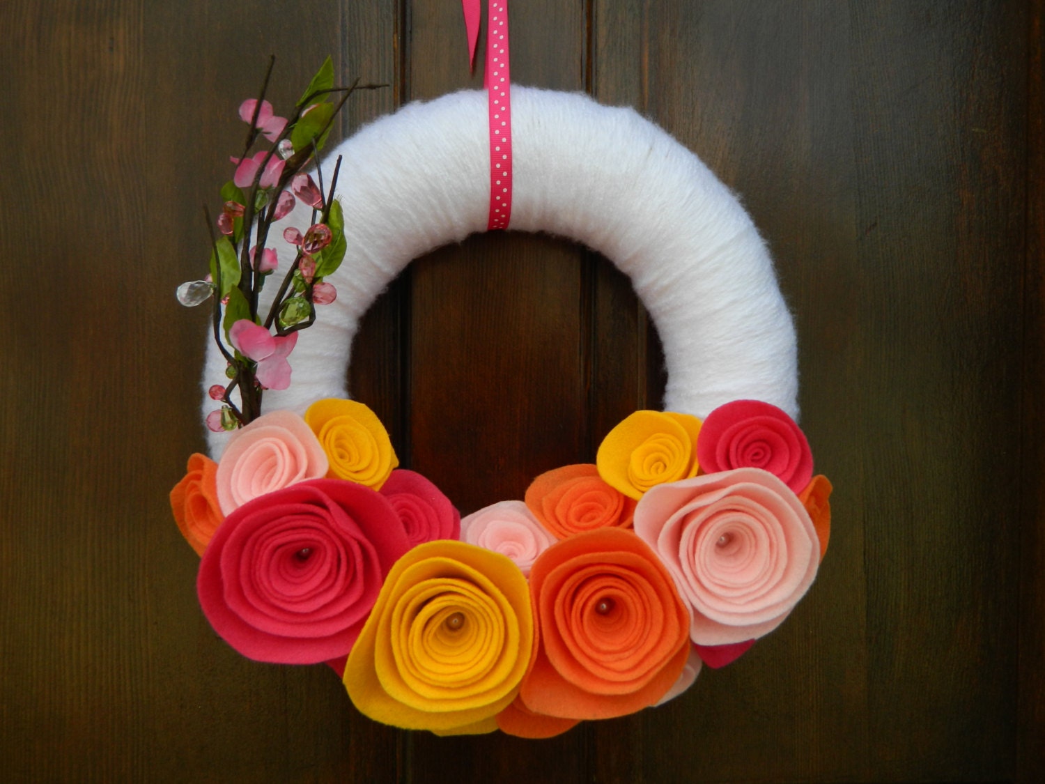 Spring Wreath - Yarn Wrapped Wreath with Felt Flowers - Bright Spring Wreath with Pink, Yellow and Orange Felt Flowers - 12 Inch