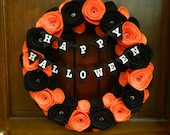 Happy Halloween Wreath - Felt Flower Wreath with Googlie Eyes and Happy Halloween Bunting - 18 inch