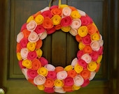 Summer Wreath - Spring Wreath - Baby Pink, Shocking Pink, Gold and Orange Felt Flower Wreath size 18 inch