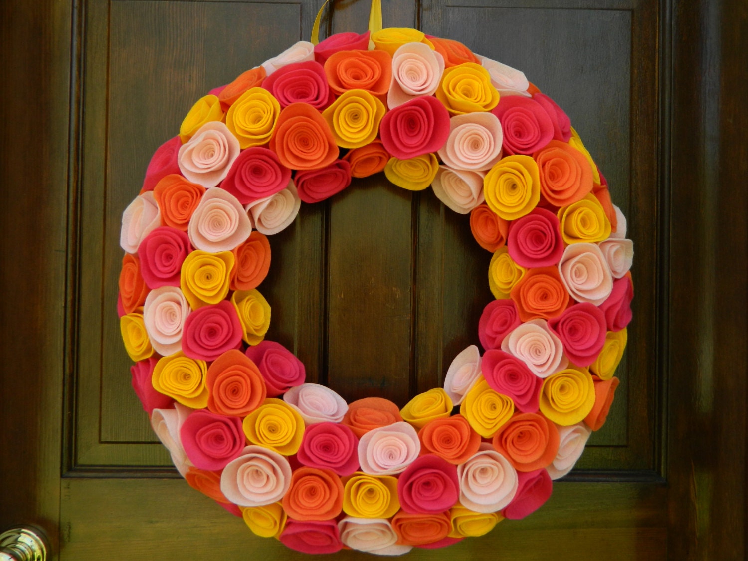 Summer Wreath - Spring Wreath - Baby Pink, Shocking Pink, Gold and Orange Felt Flower Wreath size 18 inch